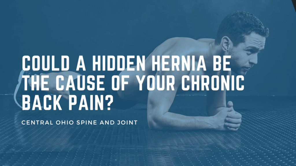 Illustration of abdominal hernia impacting core stability and causing low back pain through spinal compensation.